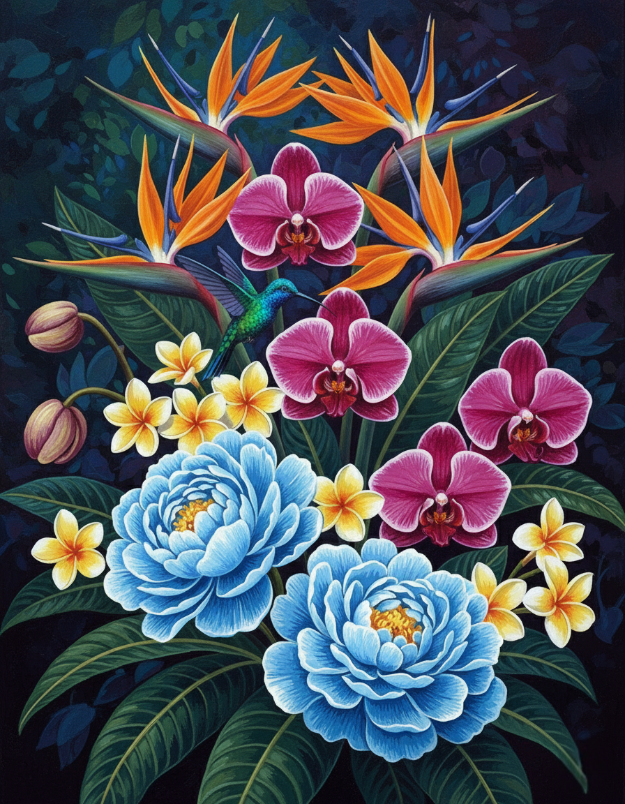 Tropical Flowers with Hummingbird