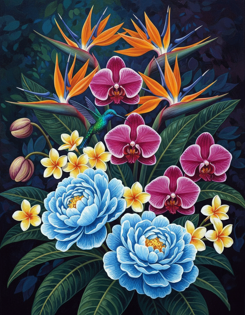 Tropical Flowers with Hummingbird