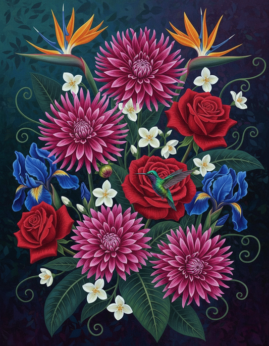 Hummingbird on Fuchsia Flowers