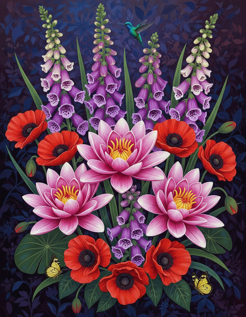 Water Lilies and Foxgloves