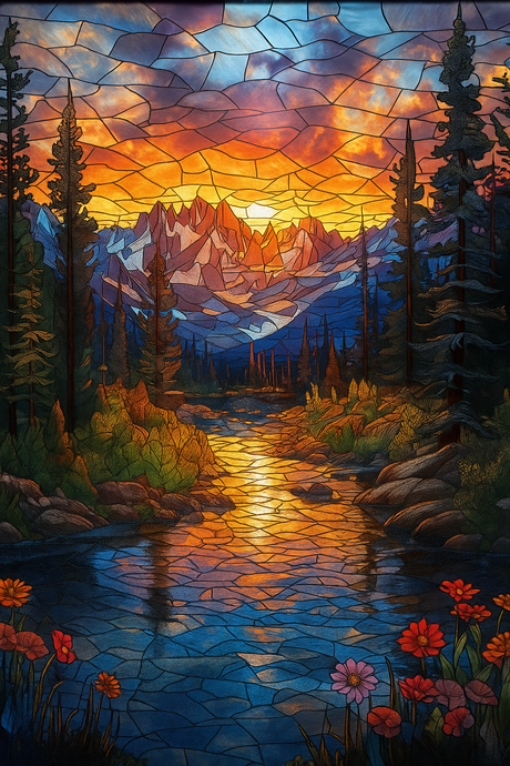 Stained Glass Mountain Serenity at Sunset (Diamond Painting) Diamond Painting kit