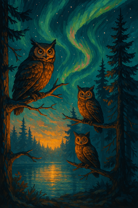 Owls under northern lights (Diamond Painting) Diamond Painting kit