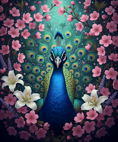 Peacock in Pink Blossoms (Diamond Painting) Diamond Painting kit