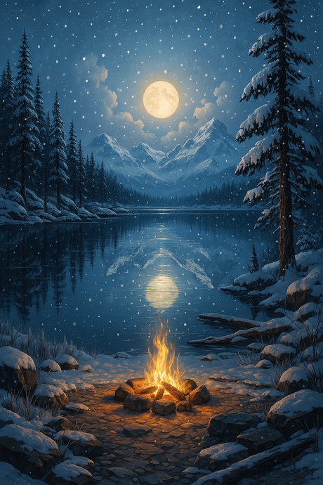 Moonlit Campfire In The Snow (Diamond Painting) Diamond Painting kit