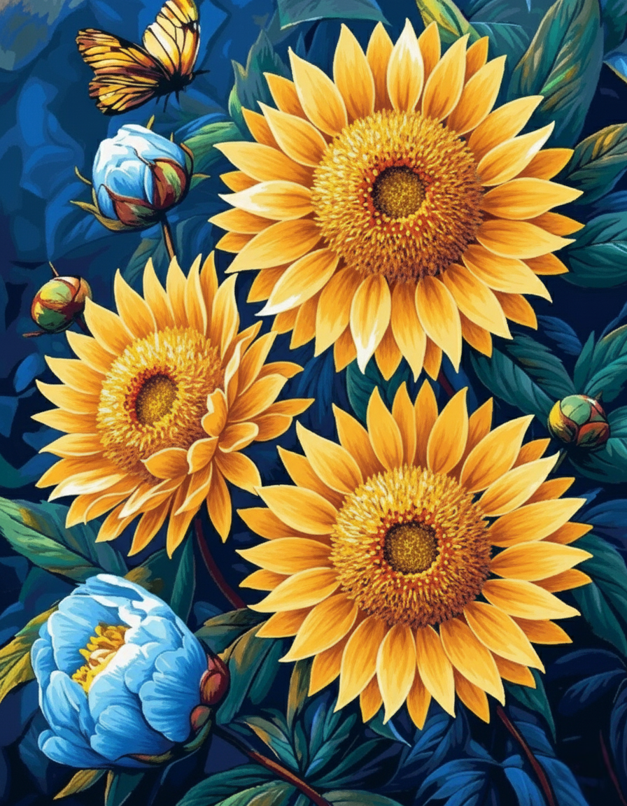 Sunflowers & Blue Peony Buds