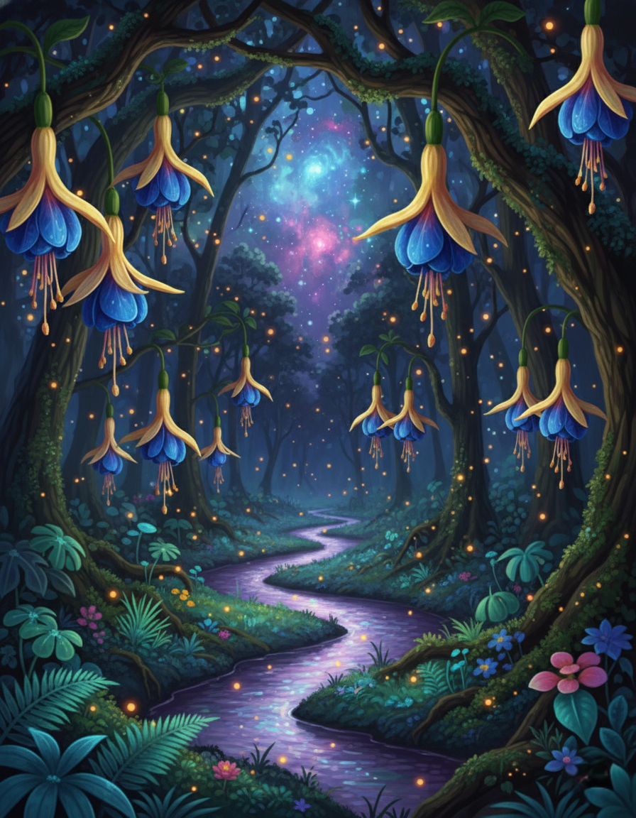 Forest Path, Blue and Gold Blooms