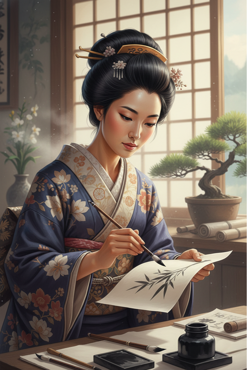 Lady Drawing in Kimono