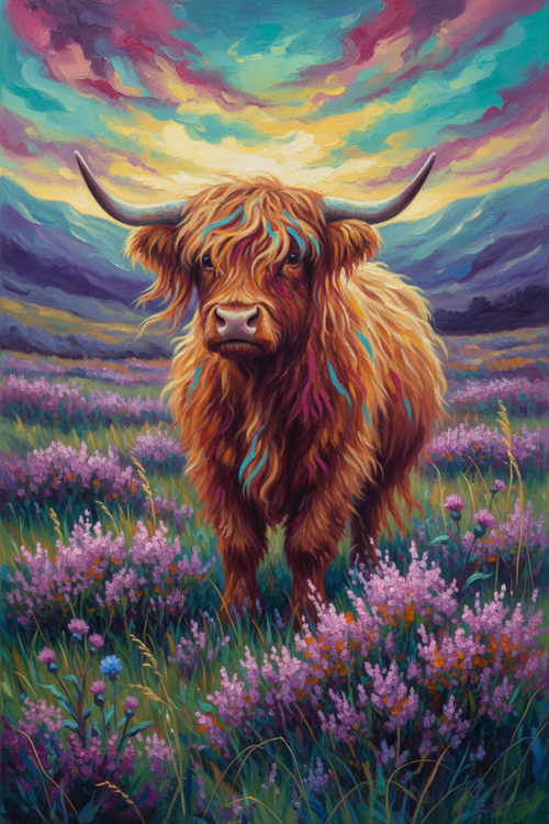 Highland Cow in Heather