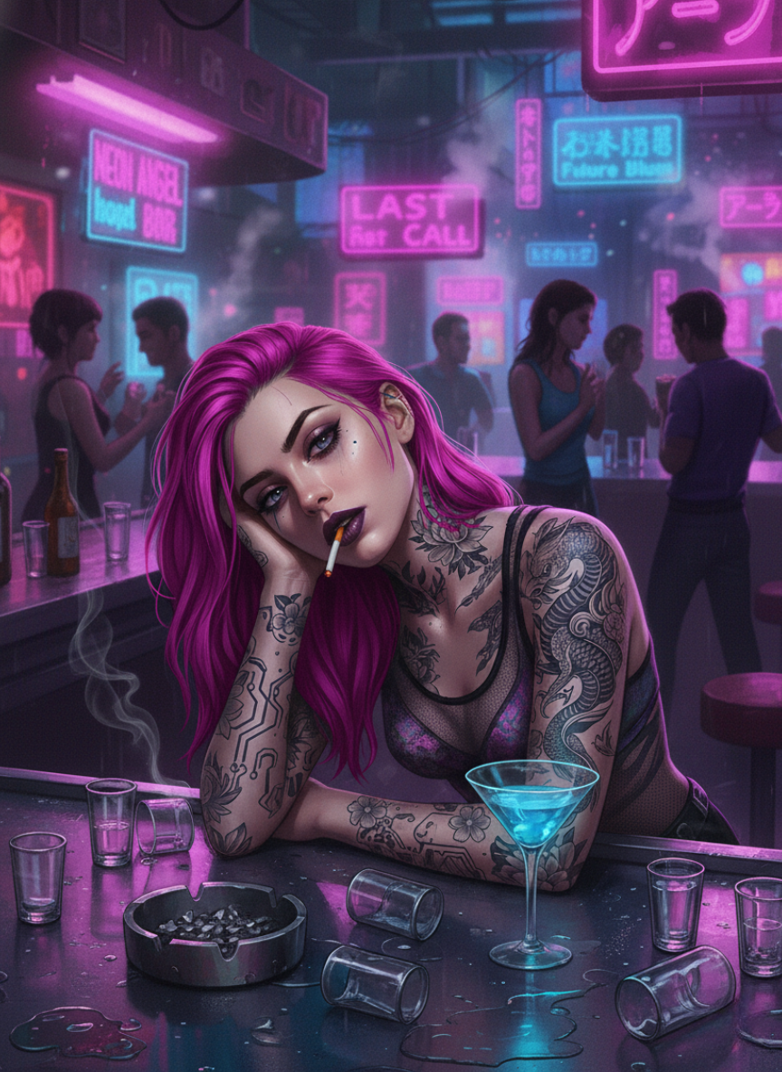 Pink Hair, Neon Angel Bar