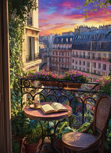 Paris Balcony Sunset Read (Diamond Painting) Diamond Painting kit