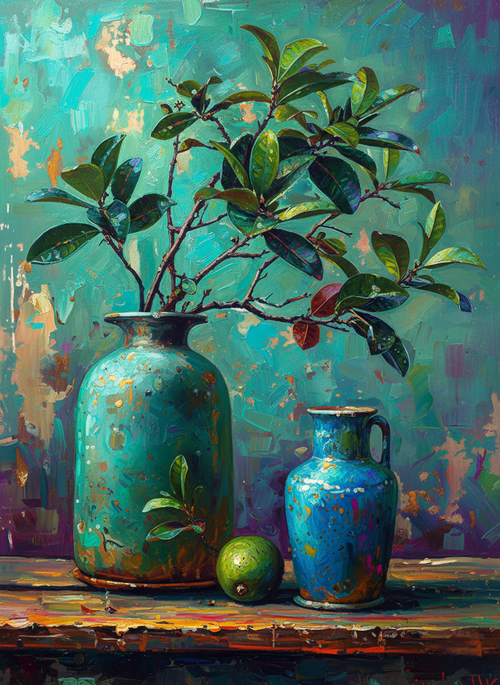 Vases, Lime, & Aqua Brushwork