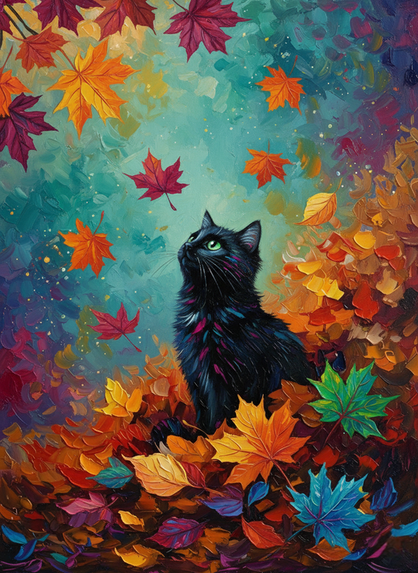 Black Cat, Autumn Leaf Fall