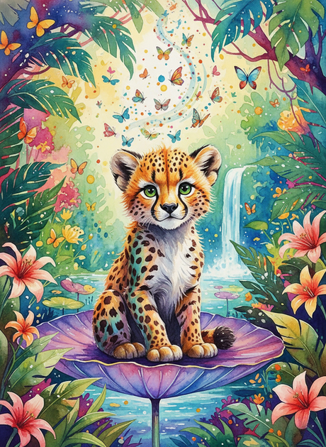 Cheetah Cub, Waterfall Garden (Diamond Painting) Diamond Painting kit