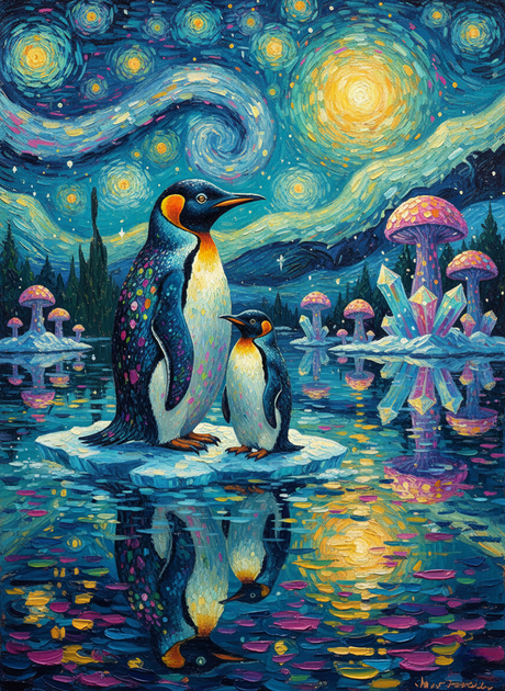 Penguins, Van Gogh Night (Diamond Painting) Diamond Painting kit