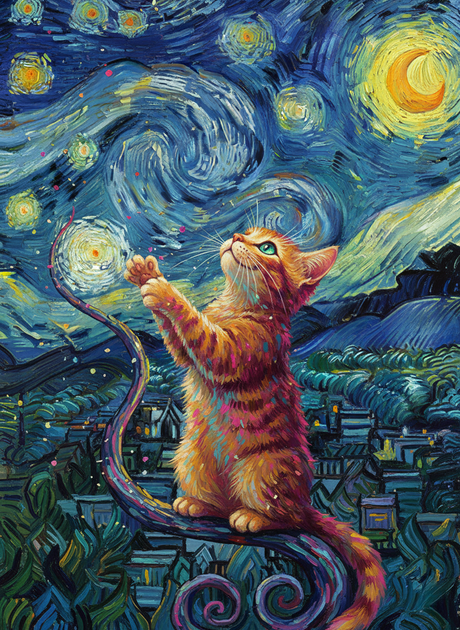 Cat Chasing a Starry Night (Diamond Painting) Diamond Painting kit