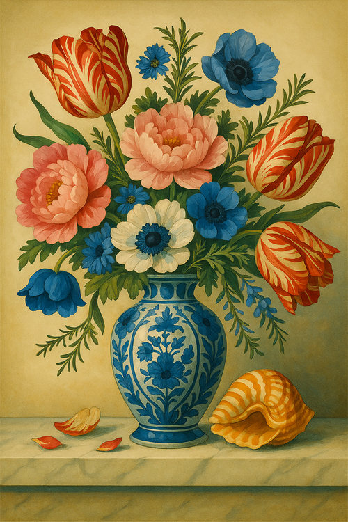 Tulips and Anemones in Delft Vase