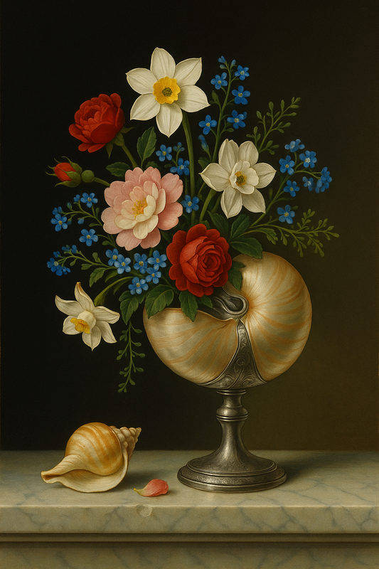 Nautilus Cup with Narcissus and Forget-Me-Nots