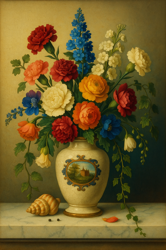 Carnations, Ranunculus & Delphiniums in a Faience Vase