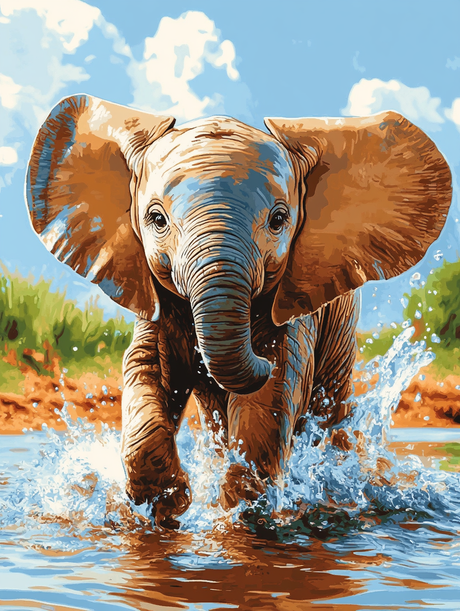 Baby Elephant, Water Splash (Diamond Painting) Diamond Painting kit
