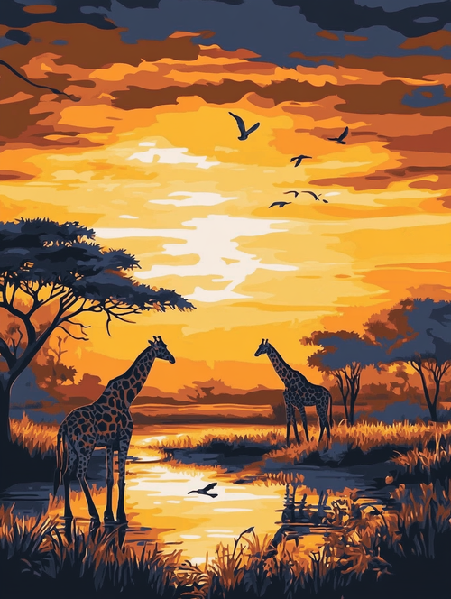 Giraffes, Golden Savannah Sunset (Board Canvas)
