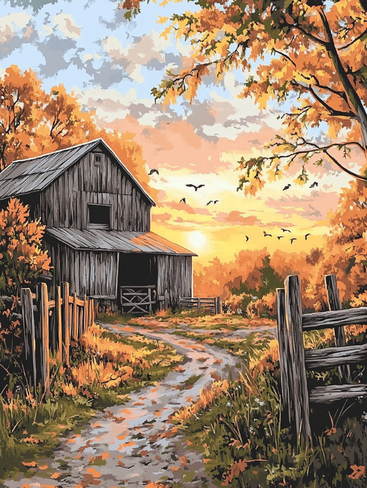 Farmstead, Golden Dusk Sky (Board Canvas)