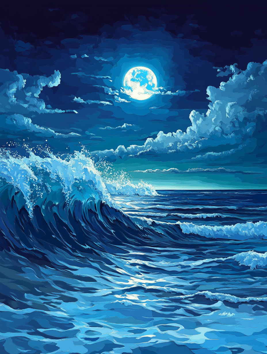 Blue Wave, Cloudy Moon (Board Canvas)