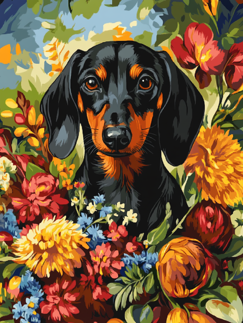 Weiner Dog, Floral Wreath (Board Canvas)