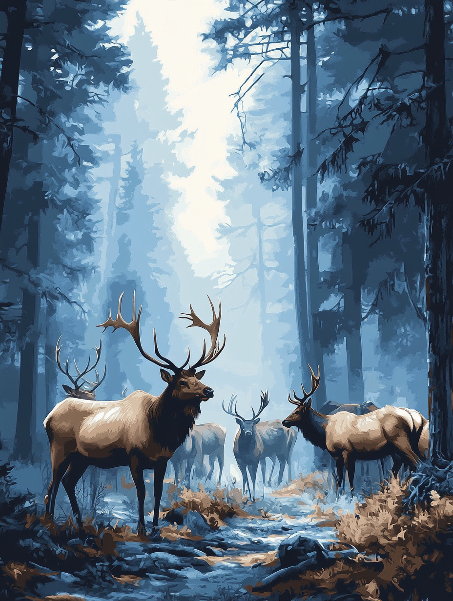 Blue Pine Forest Elk (Board Canvas)