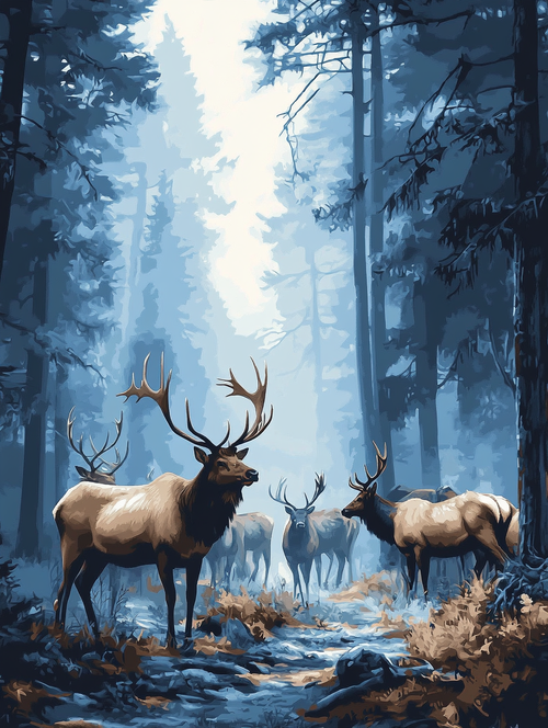 Blue Pine Forest Elk (Board Canvas)