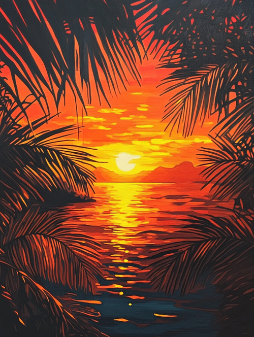 Tropical Sunset, Palm Frame (Board Canvas)