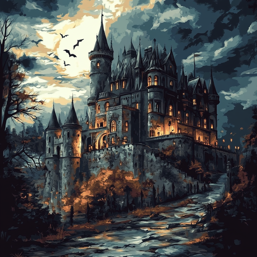 Gothic Castle, Bats at Dusk (Diamond Painting)