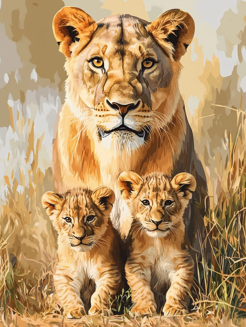 Lioness and Cubs, Golden Grass (Board Canvas)