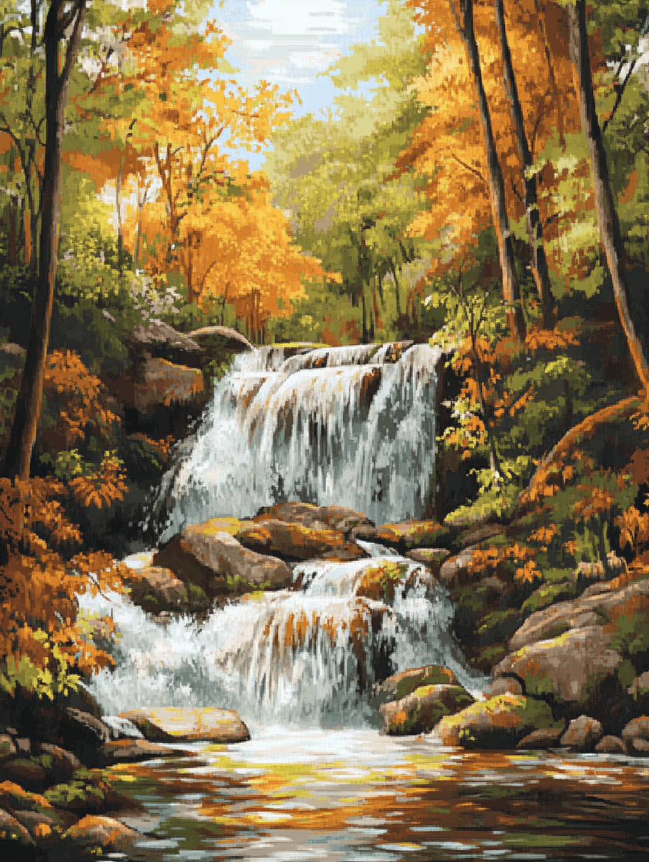 Autumn Waterfall, Golden Trees