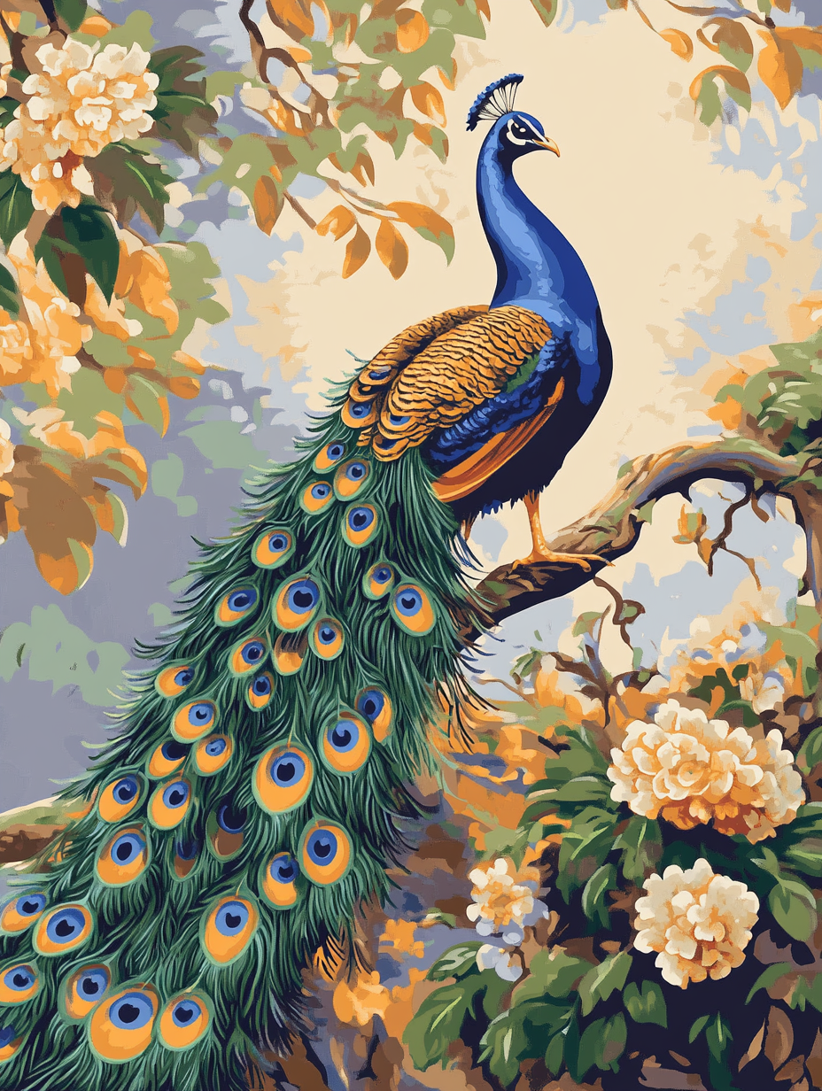 Golden Bloom & Peacock (Board Canvas)
