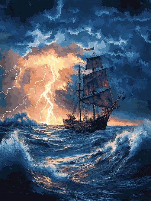 Ship Battling the Waves