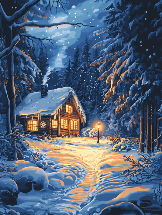 Cozy Cabin, Midnight Snow (Board Canvas)