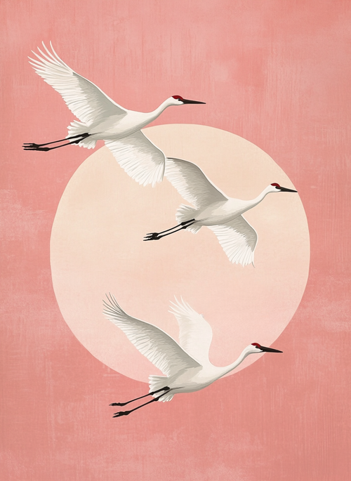 Three Cranes, Pink Sunset (Board Canvas)