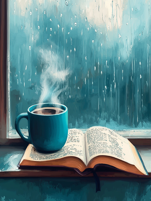 Mug of Coffee, Rainy Window (Board Canvas)