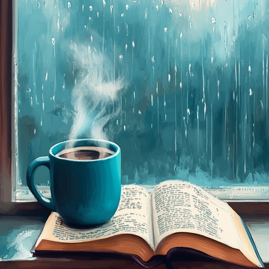 Mug of Coffee, Rainy Window (Board Canvas)