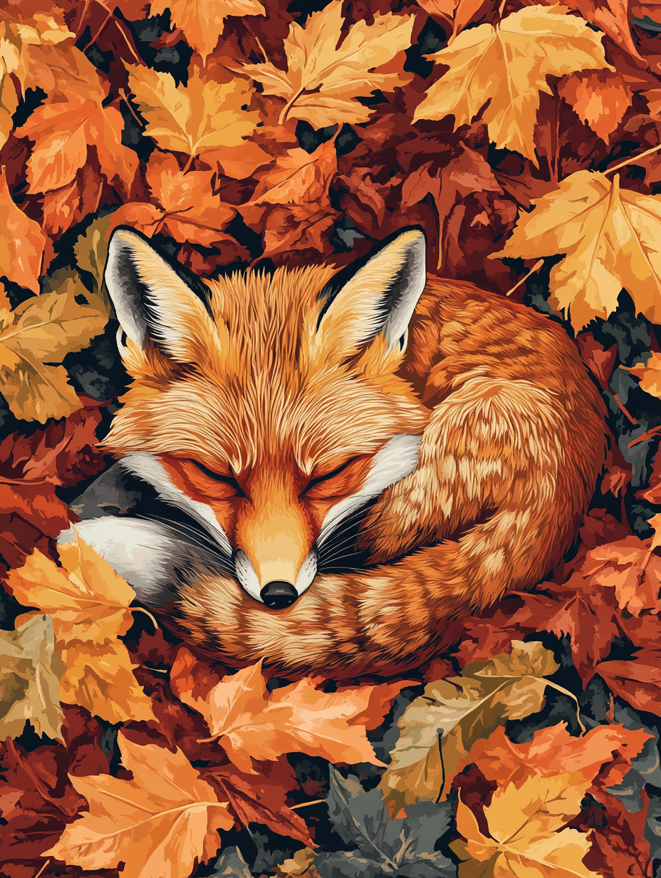 Fox Curled in Fall Foliage (Board Canvas)