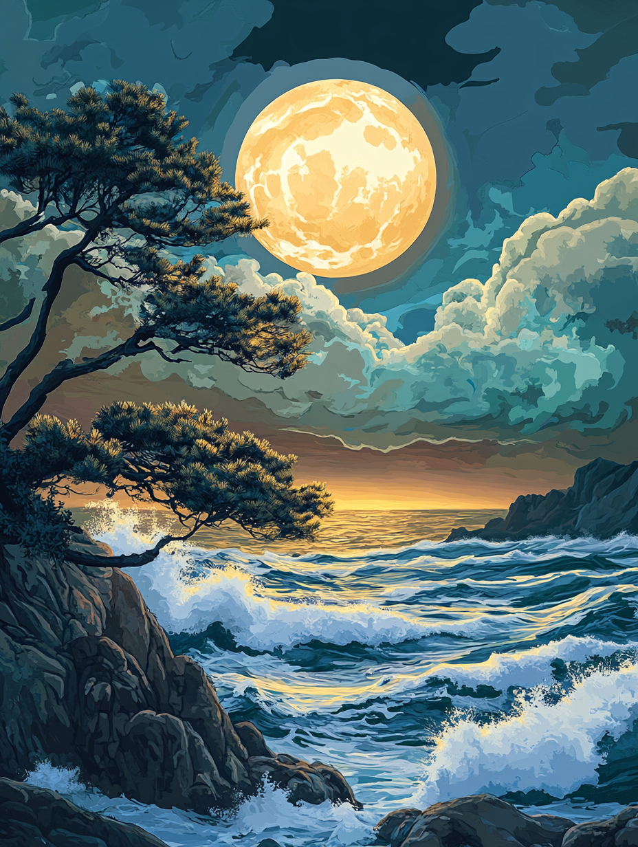 Full Moon, Cypress Over Ocean