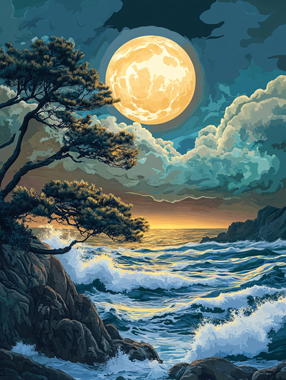 Full Moon, Cypress Over Ocean