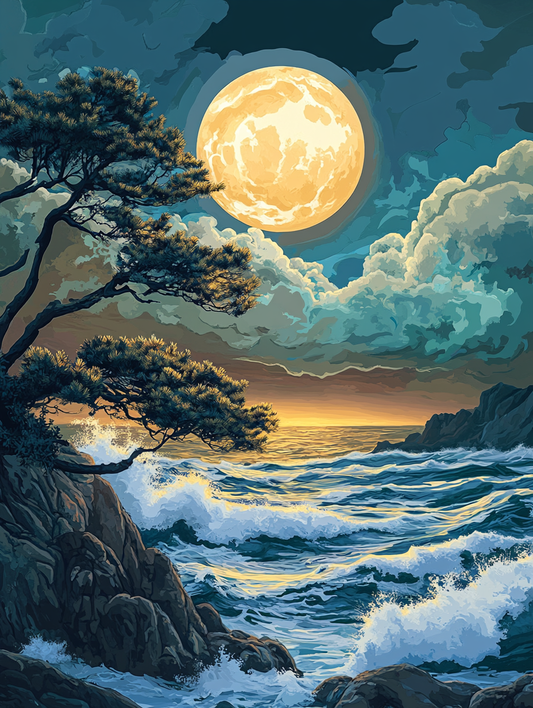 Full Moon, Cypress Over Ocean