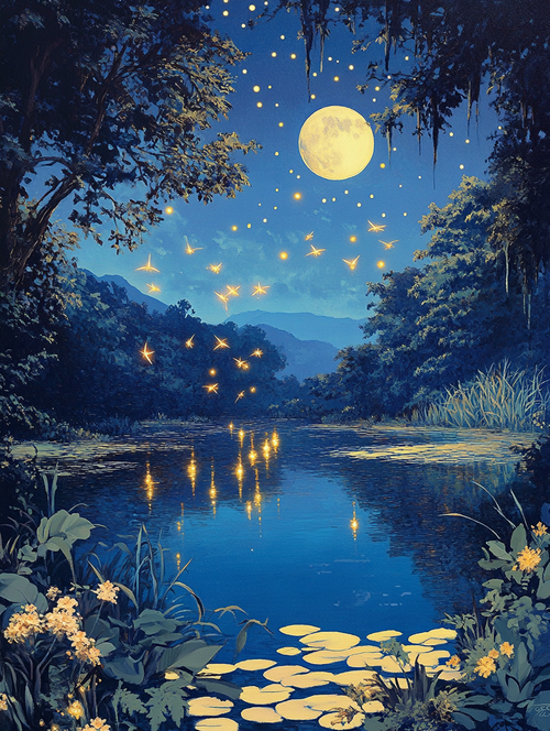 Fireflies, Full Moon Pond (Board Canvas)