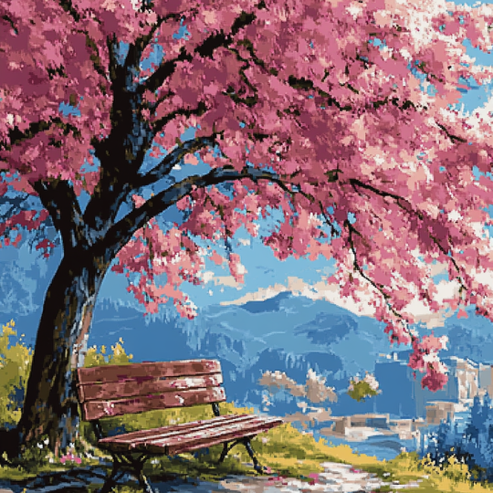 Bench Under Pink Blossom Tree