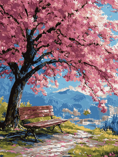 Bench Under Pink Blossom Tree (Board Canvas)