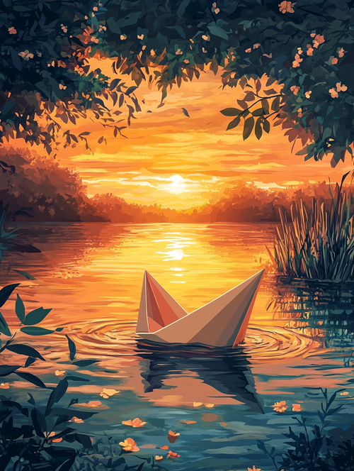 Paper Boat, Golden Sunset Lake (Board Canvas)