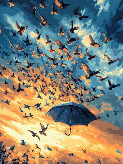 Blue Umbrella, Orange & Blue Sky