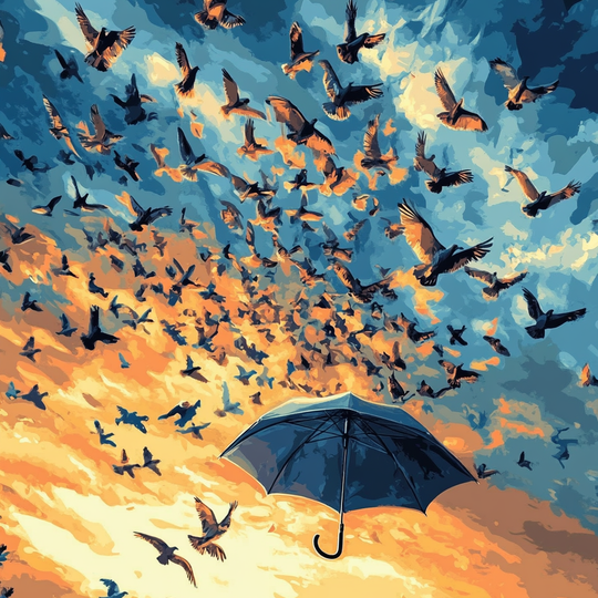 Blue Umbrella, Orange & Blue Sky