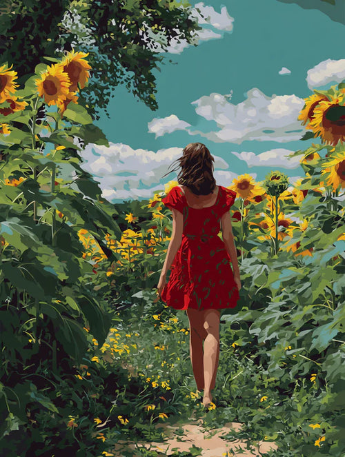 Woman, Red Dress, & Sunflowers